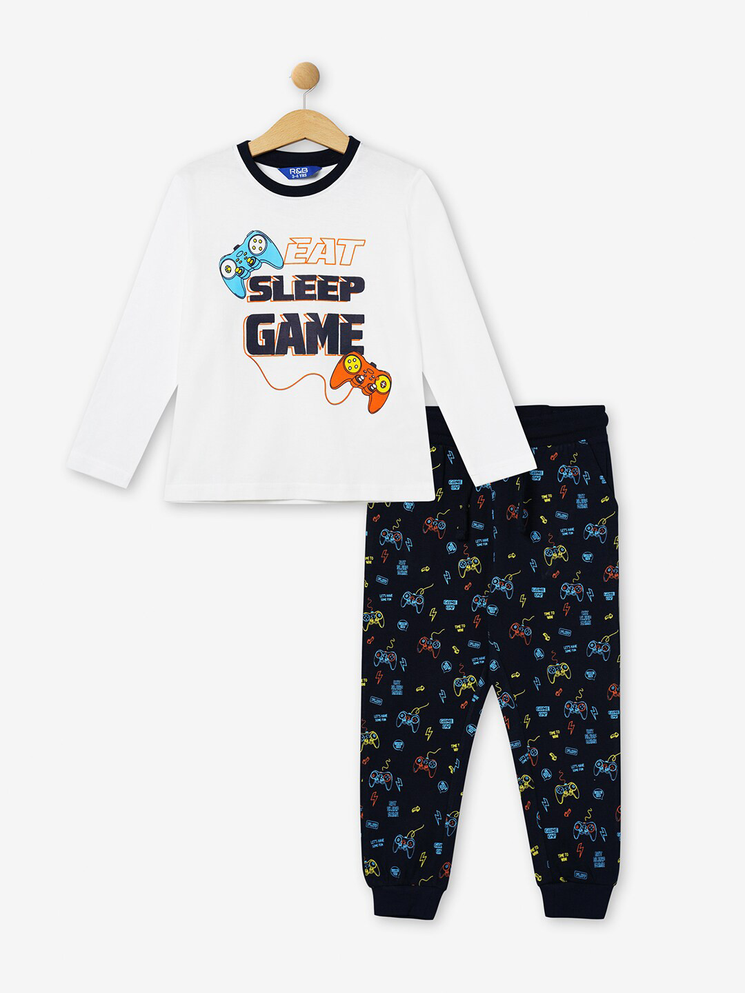 R&B Boys White & Black Printed T-shirt with Pyjamas