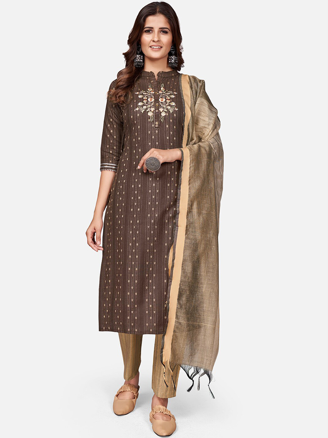 Vbuyz Women Brown Embroidered Kantha Work Kurta with Trousers & With Dupatta