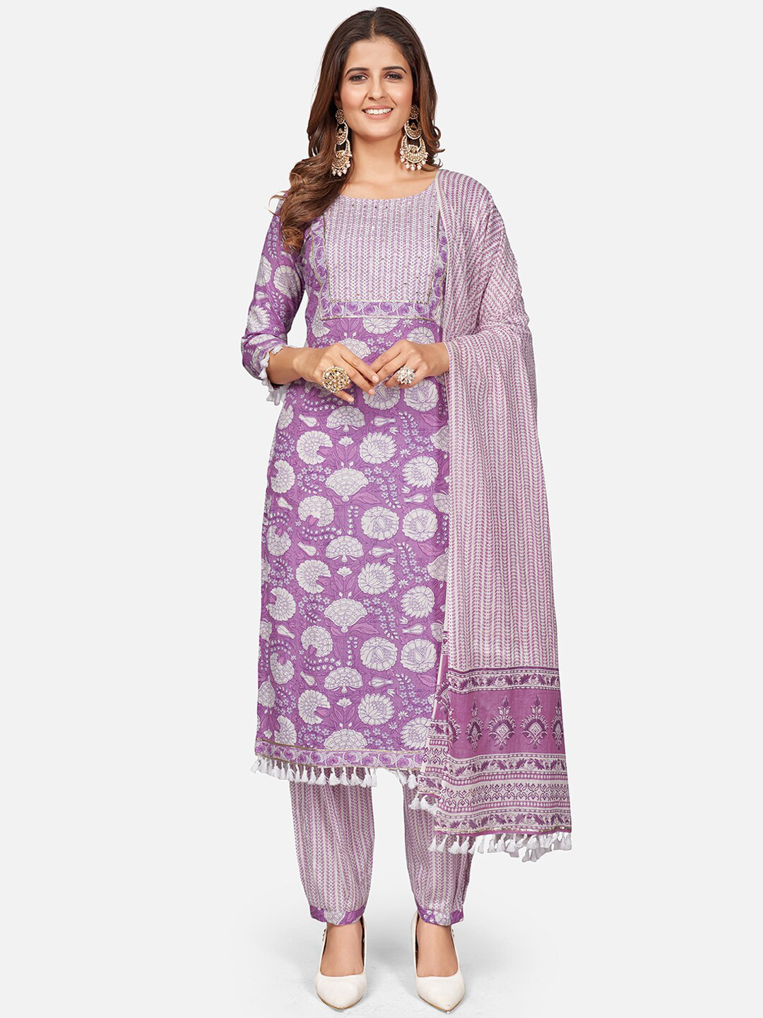 Vbuyz Women Lavender Printed Sequinned Pure Cotton Kurta With Trouser And Dupatta