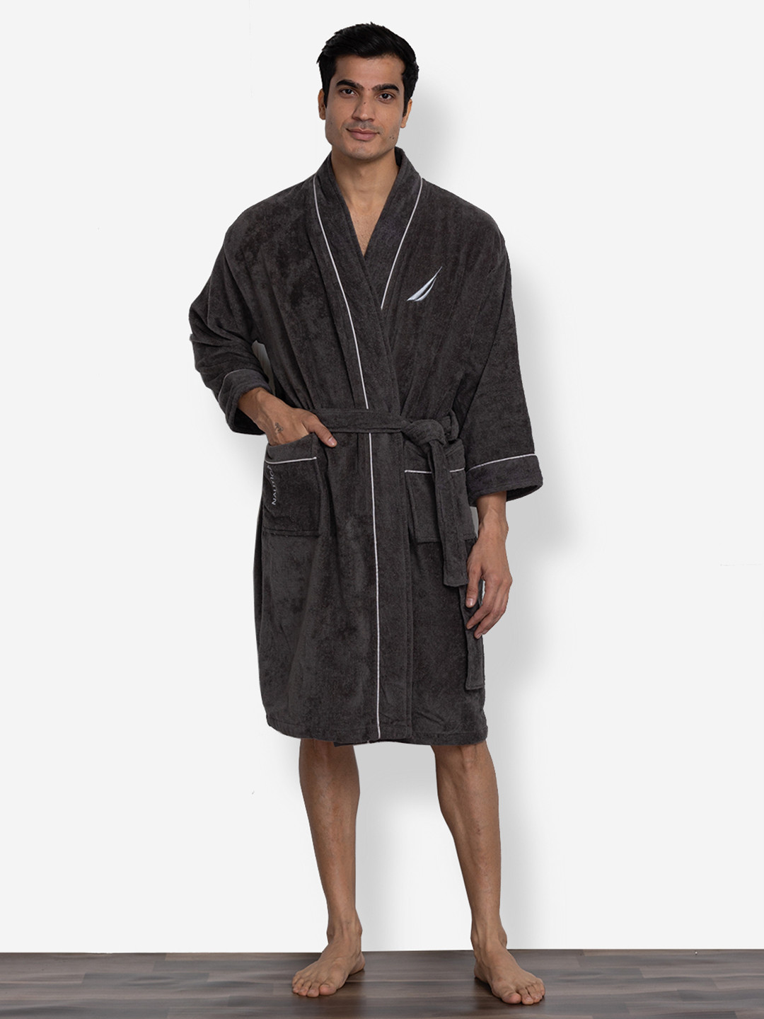 Nautica Luxurious Ultra Soft Grey Cotton Drawstring Knee Length Set of 2 Bath Robe-M