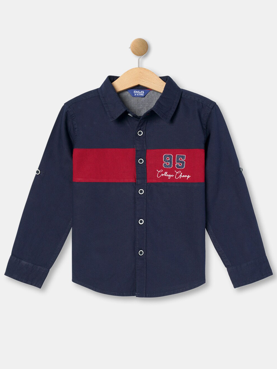 R&B Boys Navy Blue & Red Colourblocked Casual Shirt