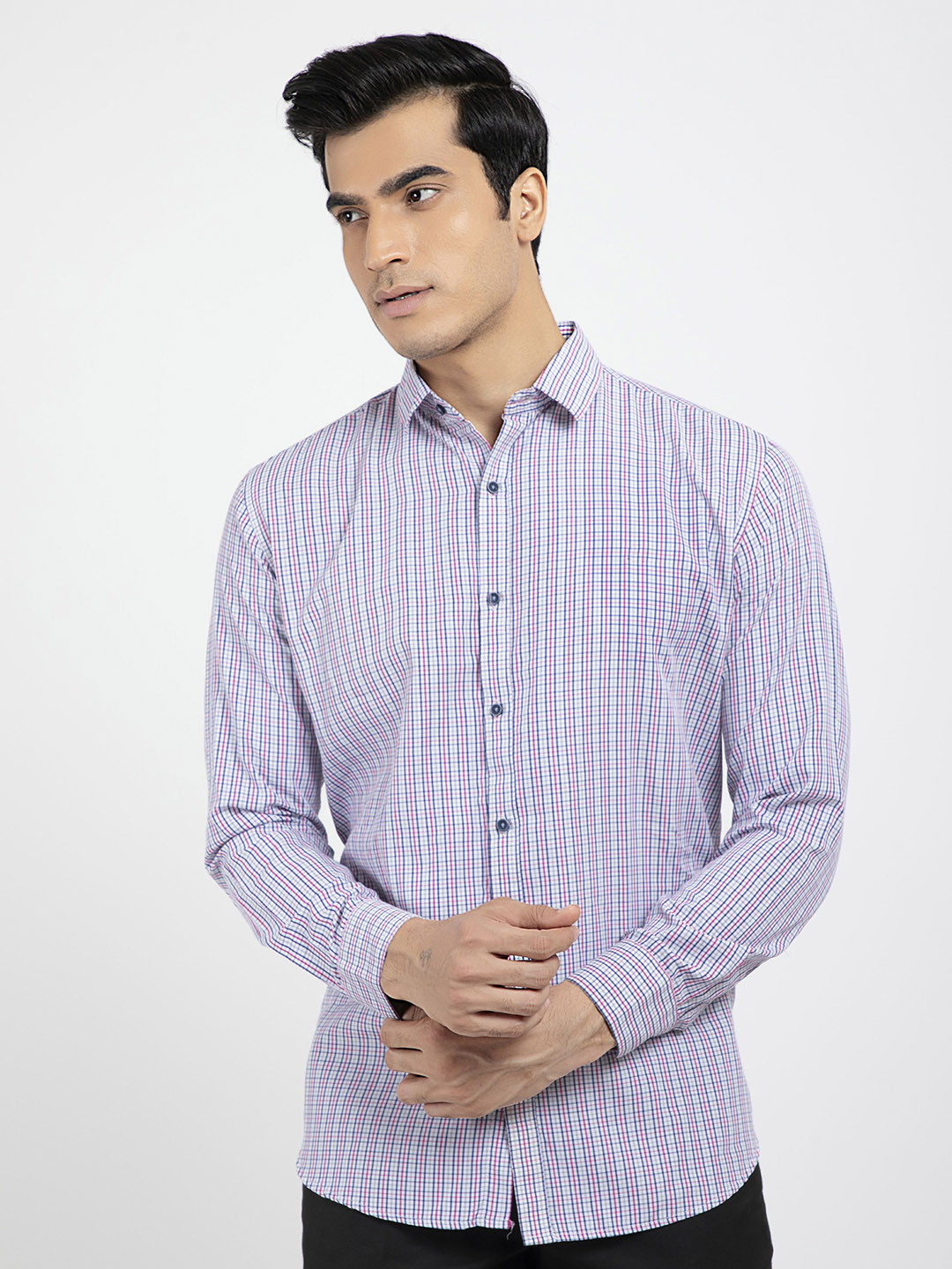 RED FEATHER Men White Checked Formal Cotton Shirt