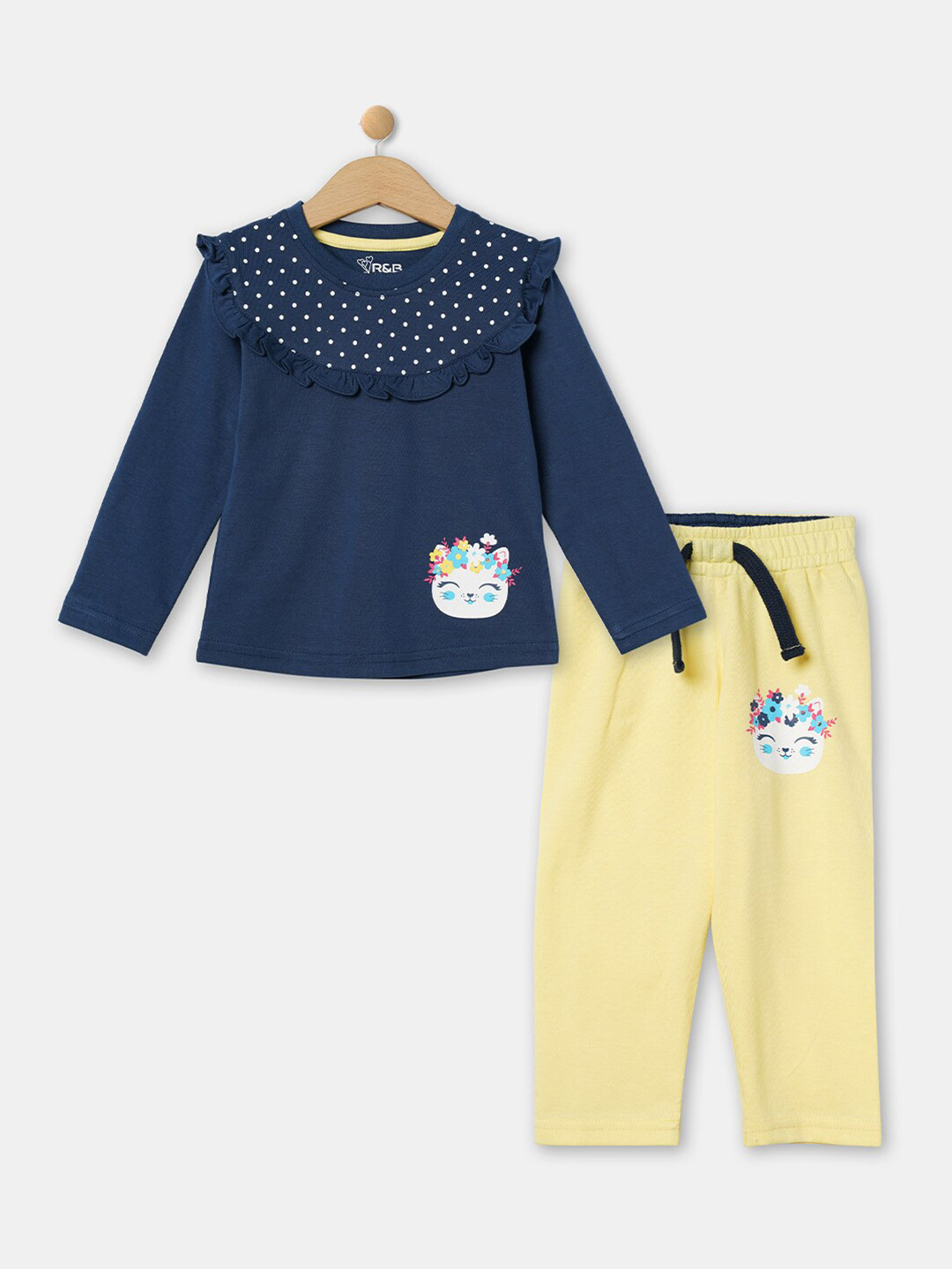 R&B Girls Blue & Yellow Printed Pure Cotton T-shirt with Trouser