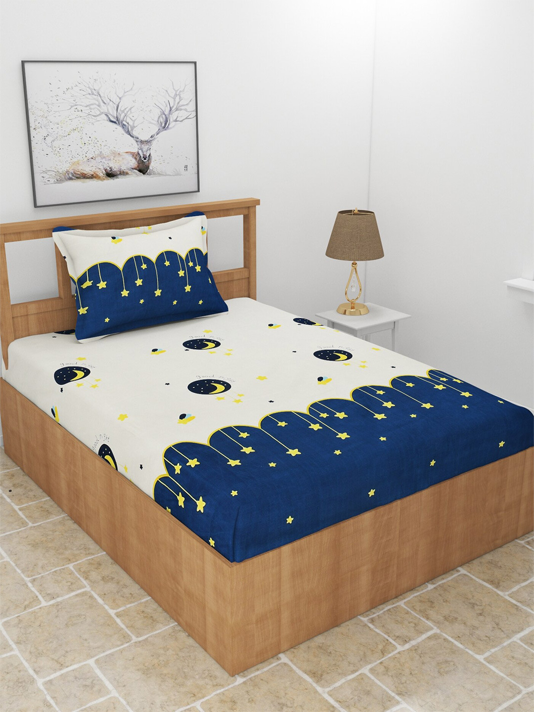 MORADO Flat_Kidze_Sbs Blue Graphic Polycotton 210 TC Single Fine Bedsheet with a Pillow Cover-90 x 60 inches