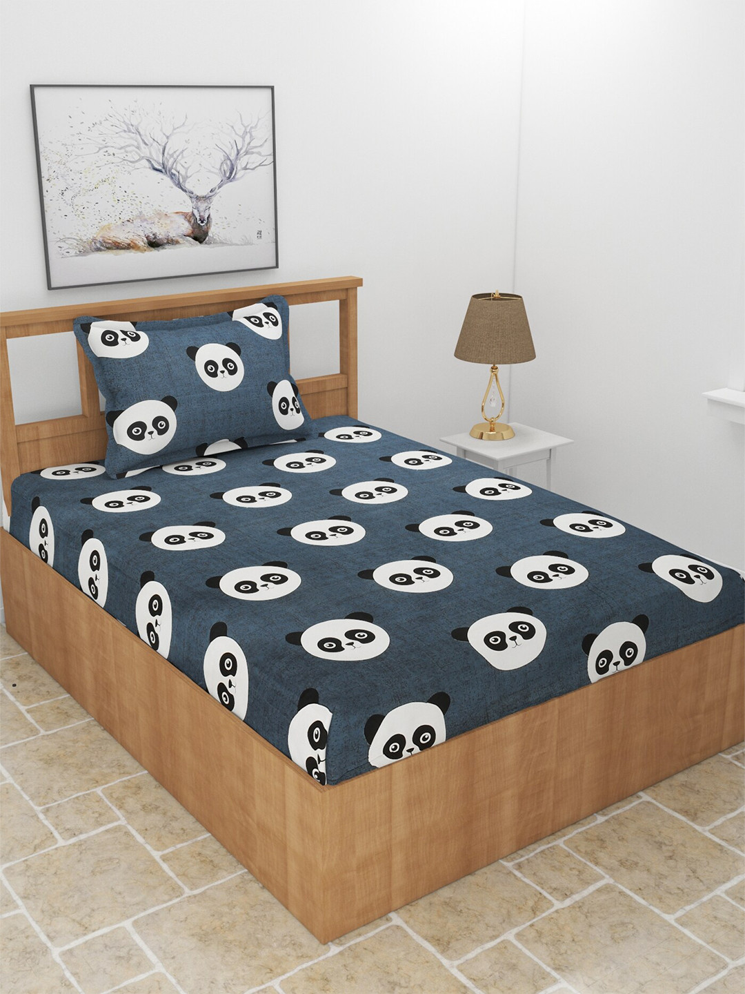 MORADO Black Graphic Polycotton 210 TC Single Superfine Bedsheet with a Pillow Cover-90 x 60 inches