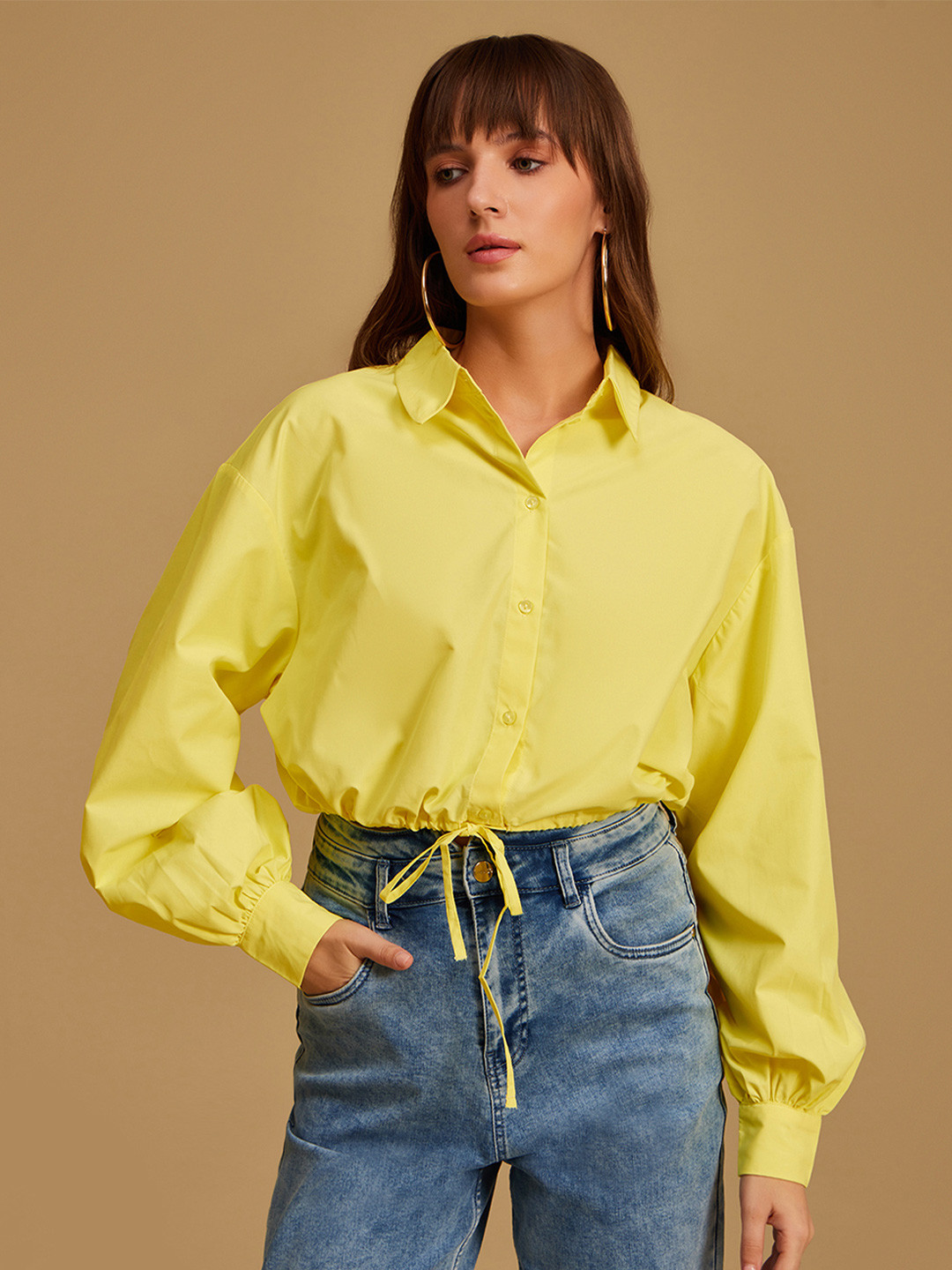 Kazo Women Yellow Solid Casual Draw String Crop Shirt
