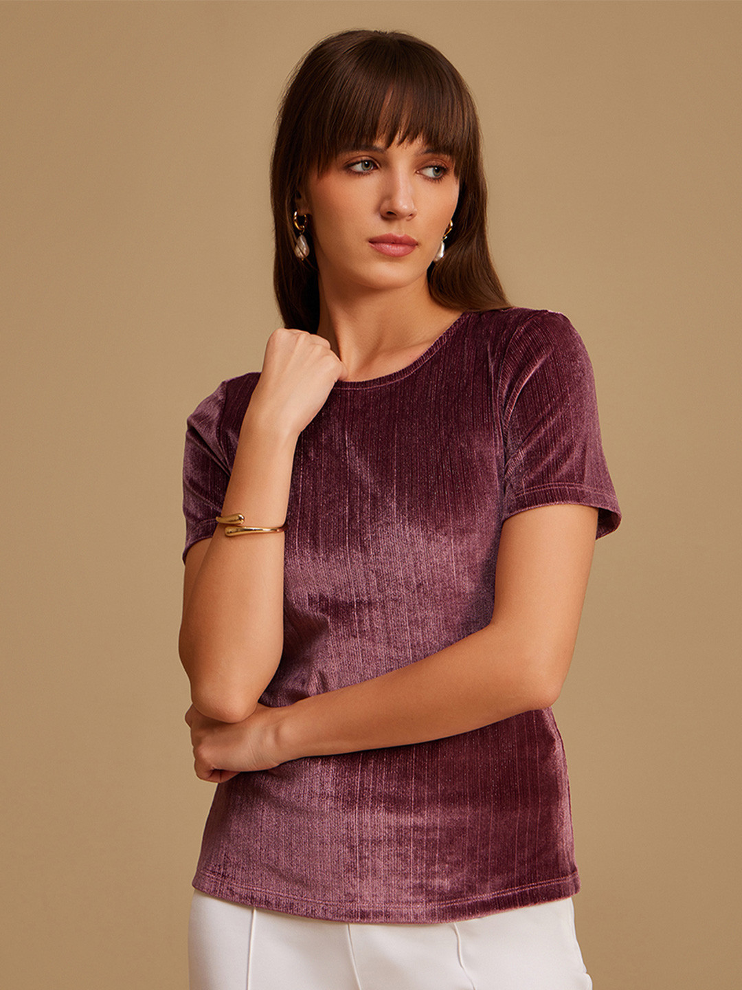 Kazo Women Pink Velvet Fitted Round Neck Top