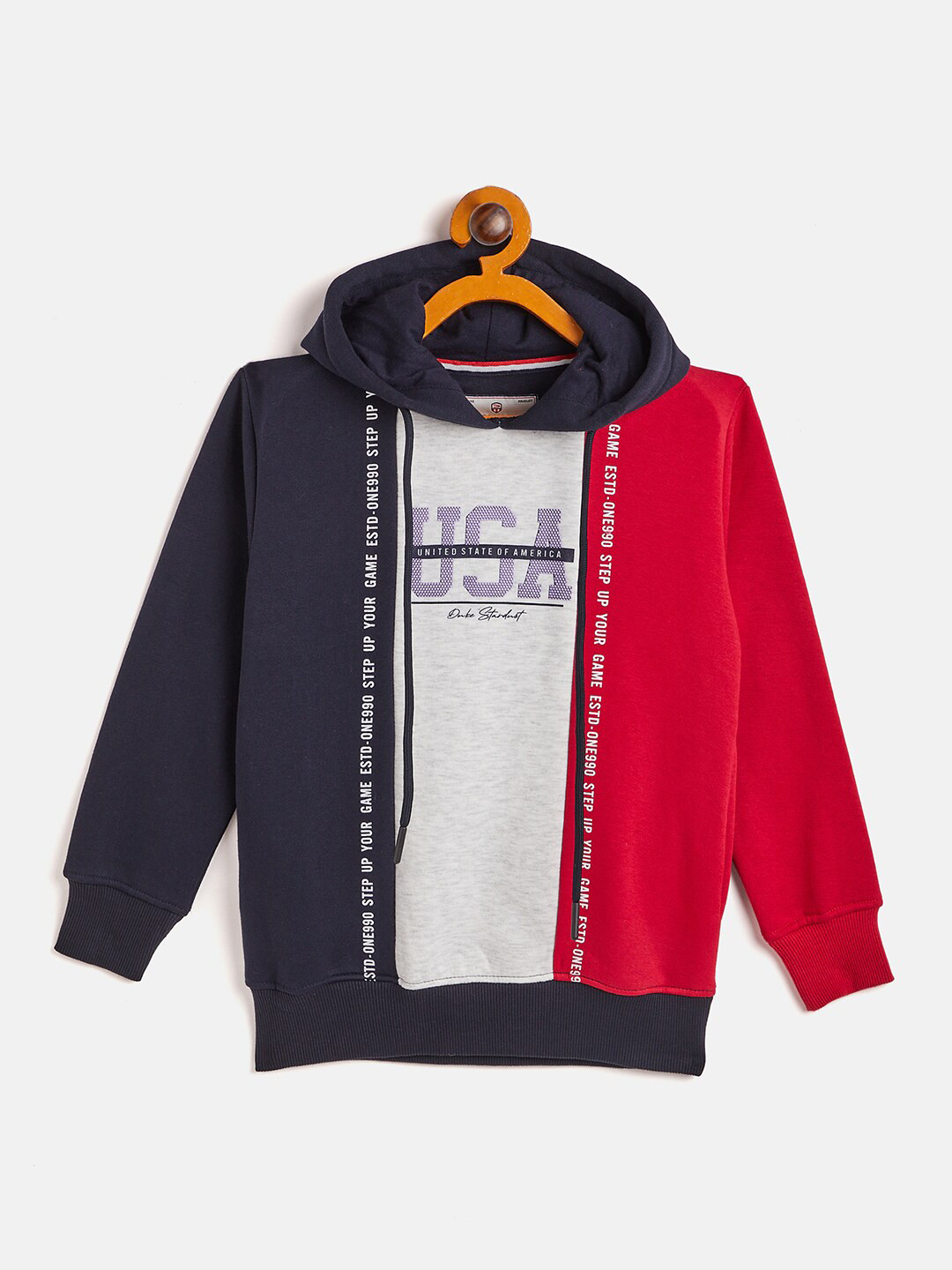 Duke Boys Navy Blue And Red Printed Hooded Fleece Pullover Sweatshirt