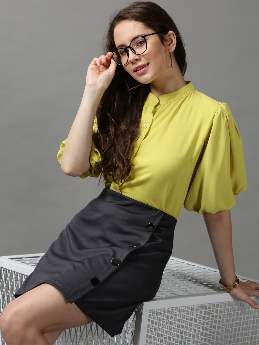 SHOWOFF Women Yellow Mandarin Collar Shirt Style Top
