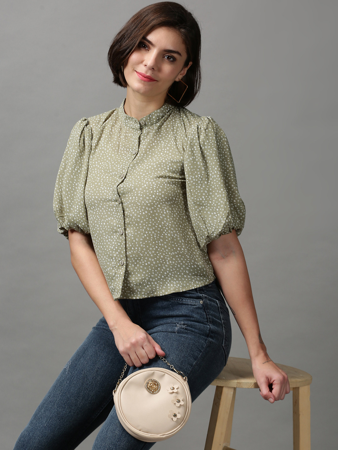 SHOWOFF Olive Green & White Geometric Print Georgette Shirt Style Top