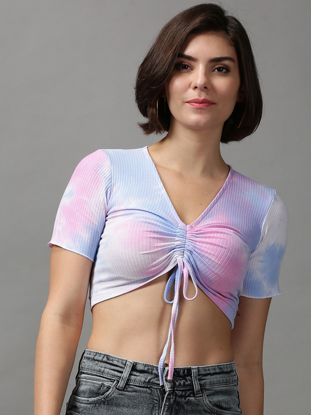 SHOWOFF Blue & Pink Tie and Dye Crop Top