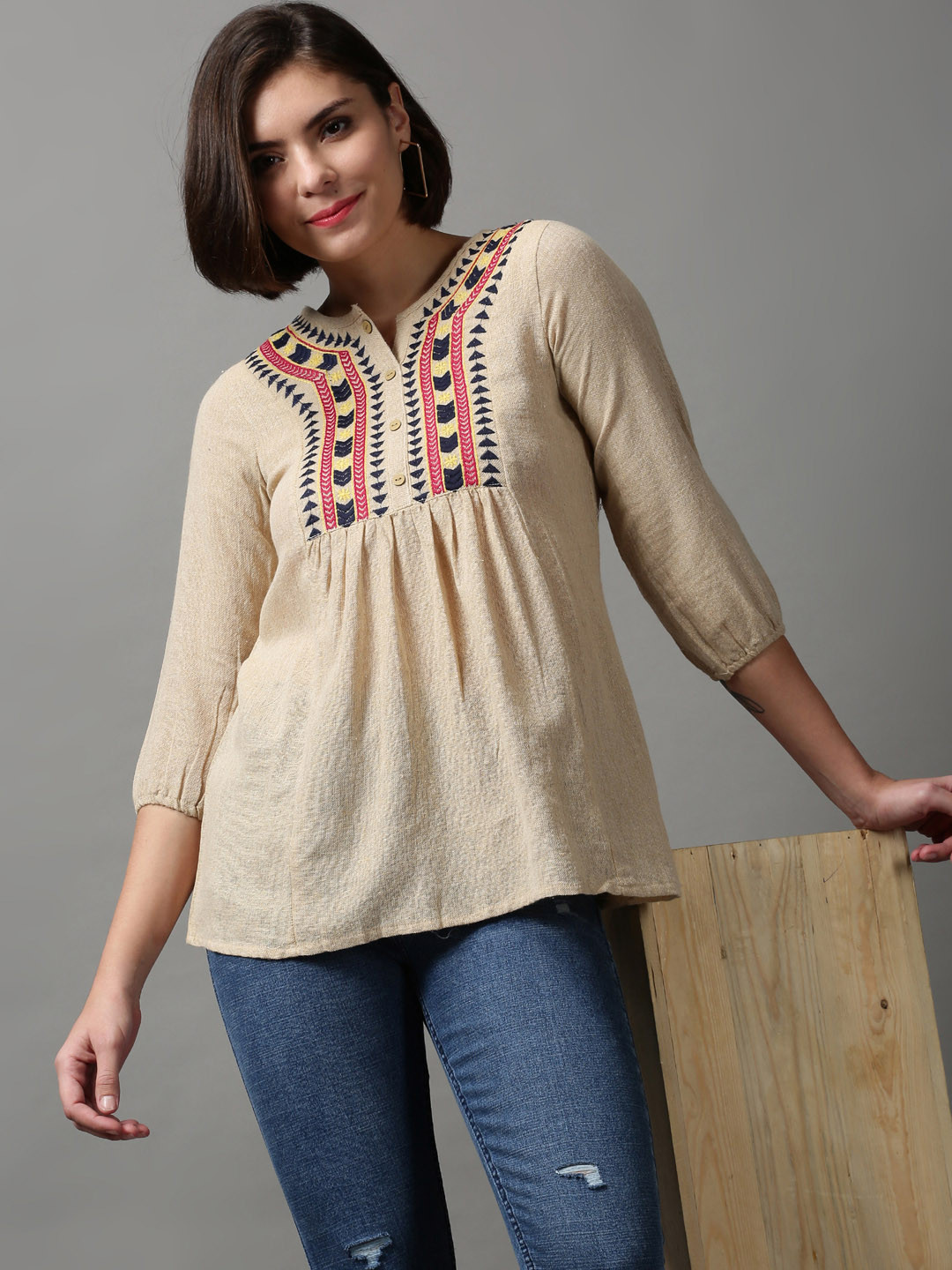 SHOWOFFFF Women Beige Ethnic Motifs Empire Top
