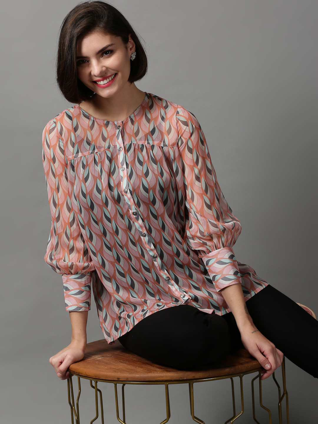 SHOWOFFFF Women Peach-Coloured & Cream-Coloured Printed Shirt Style Chiffon Top