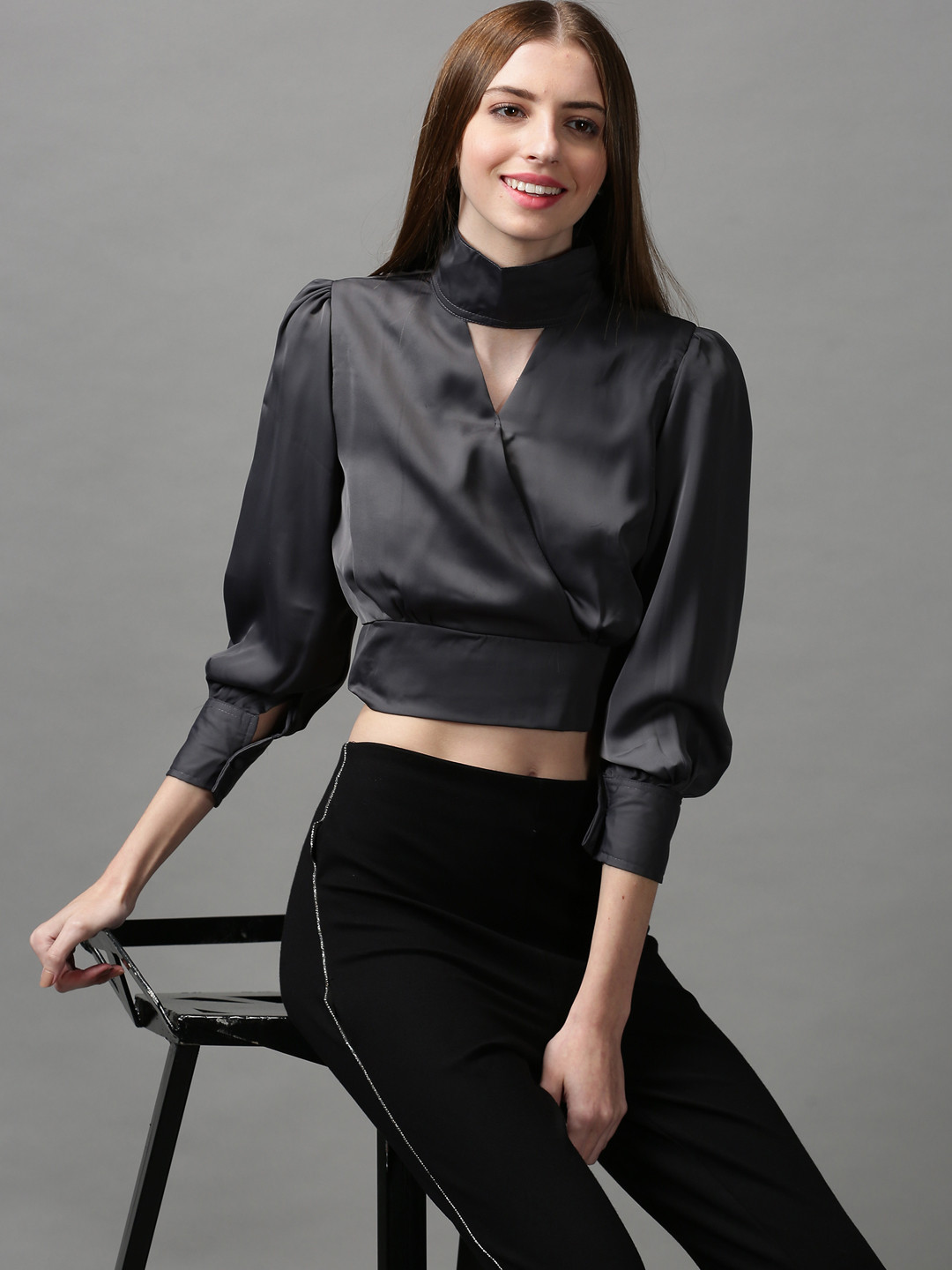 SHOWOFF Grey Solid Choker Neck Wrap Crop Top