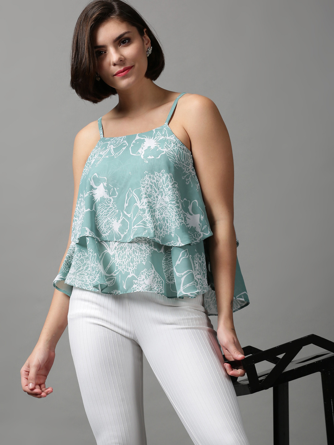 SHOWOFFFF Sea Green Floral Print Layered Chiffon Styled Back Top
