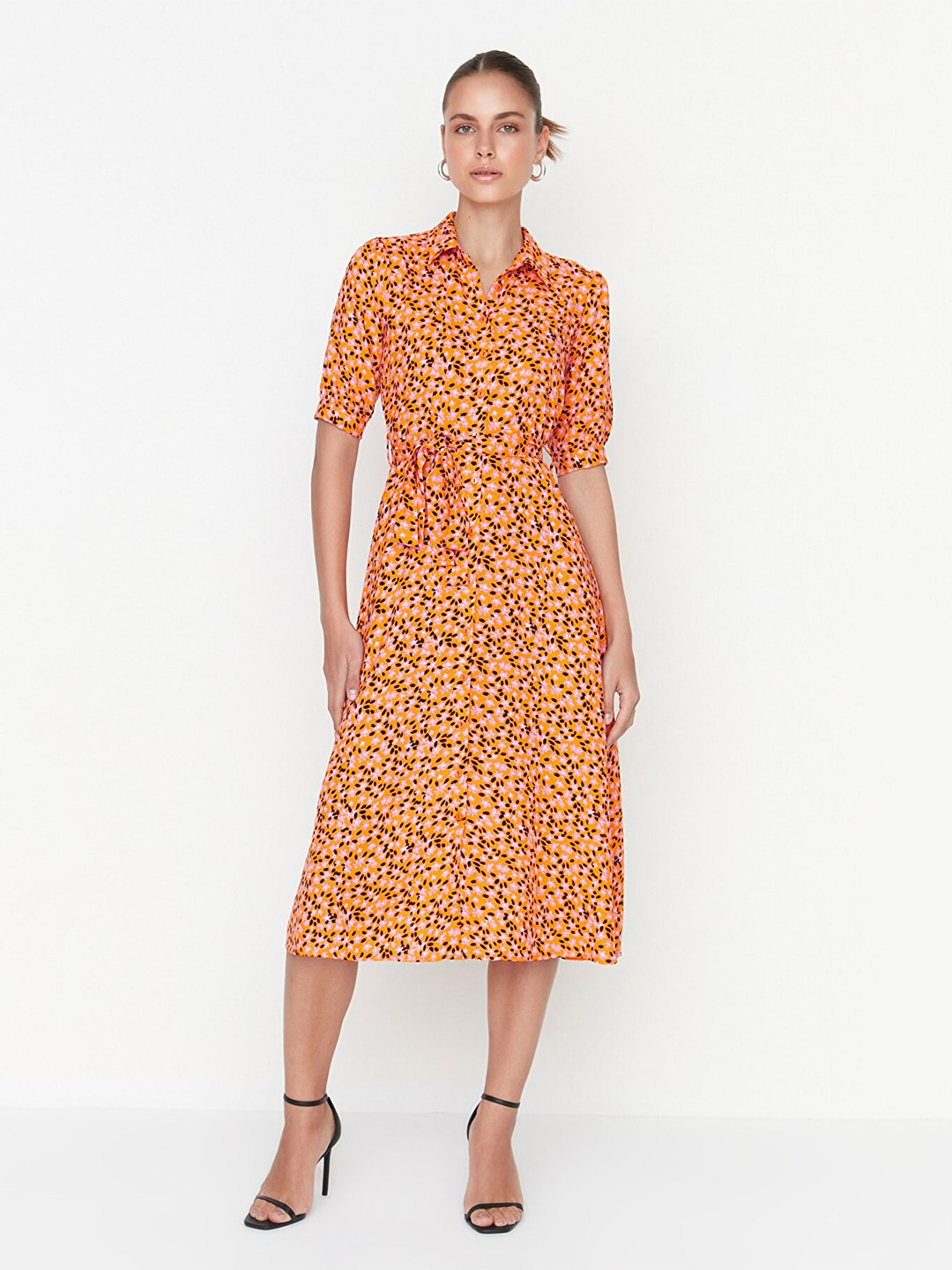 Trendyol Women Orange & Black Floral Shirt Midi Dress