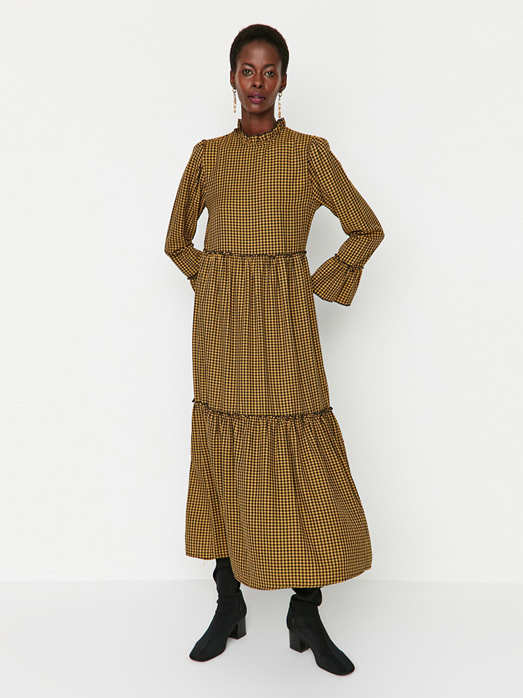 Trendyol Black & Yellow Checked Maxi Dress