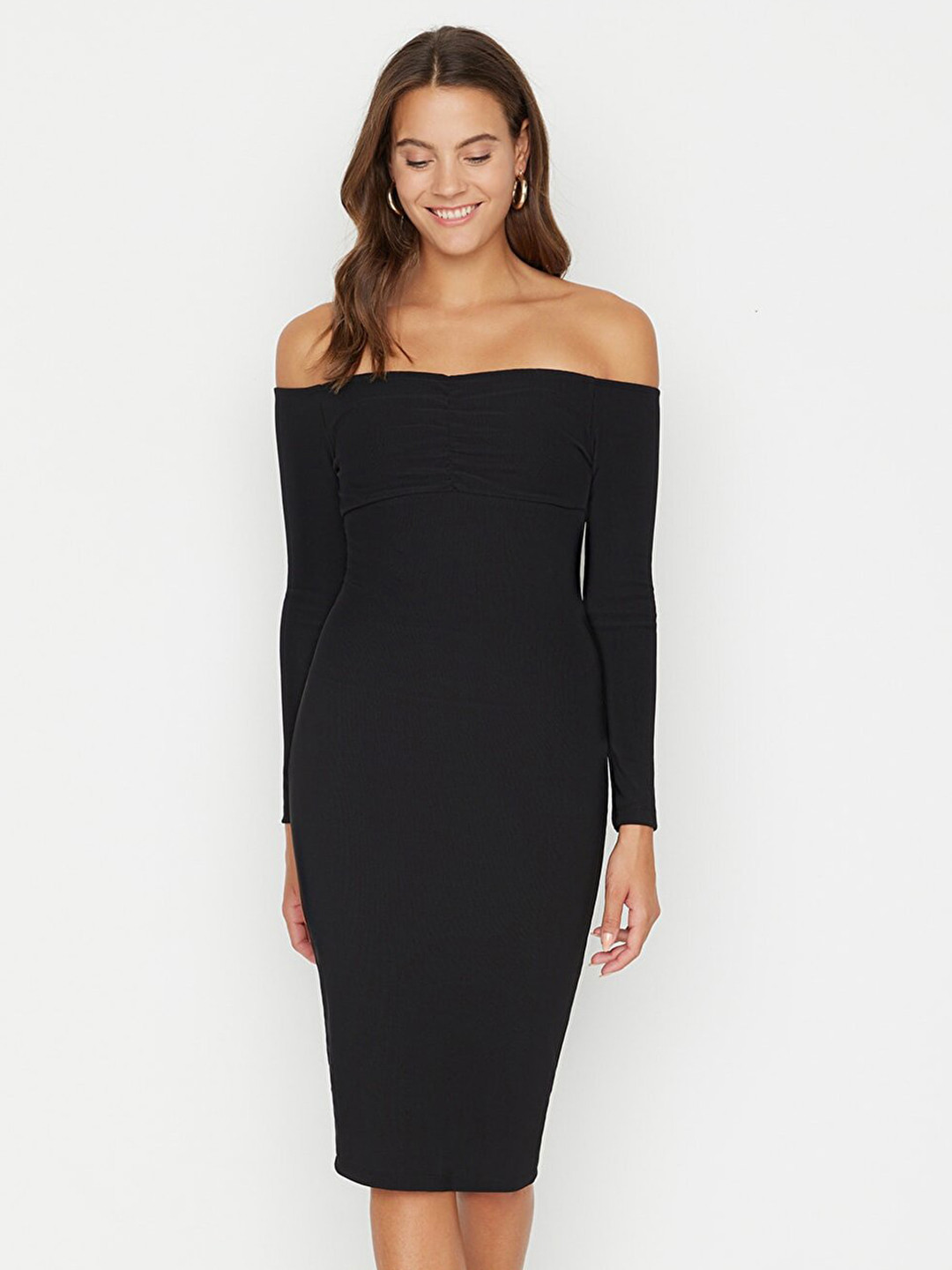 Trendyol Women Black Off-Shoulder Pure Cotton Bodycon Midi Dress