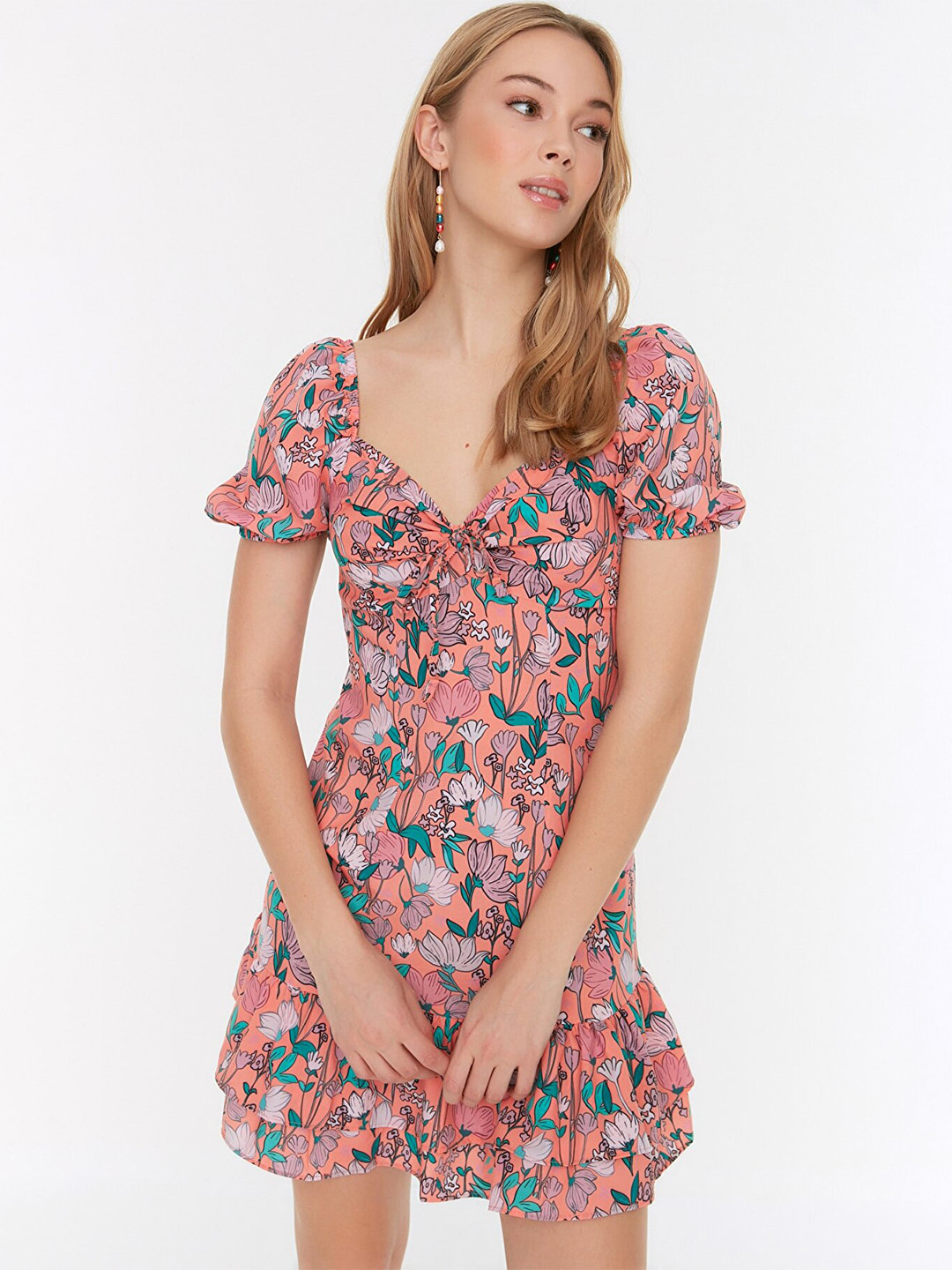 Trendyol Peach-Coloured & Green Floral A-Line Mini Dress