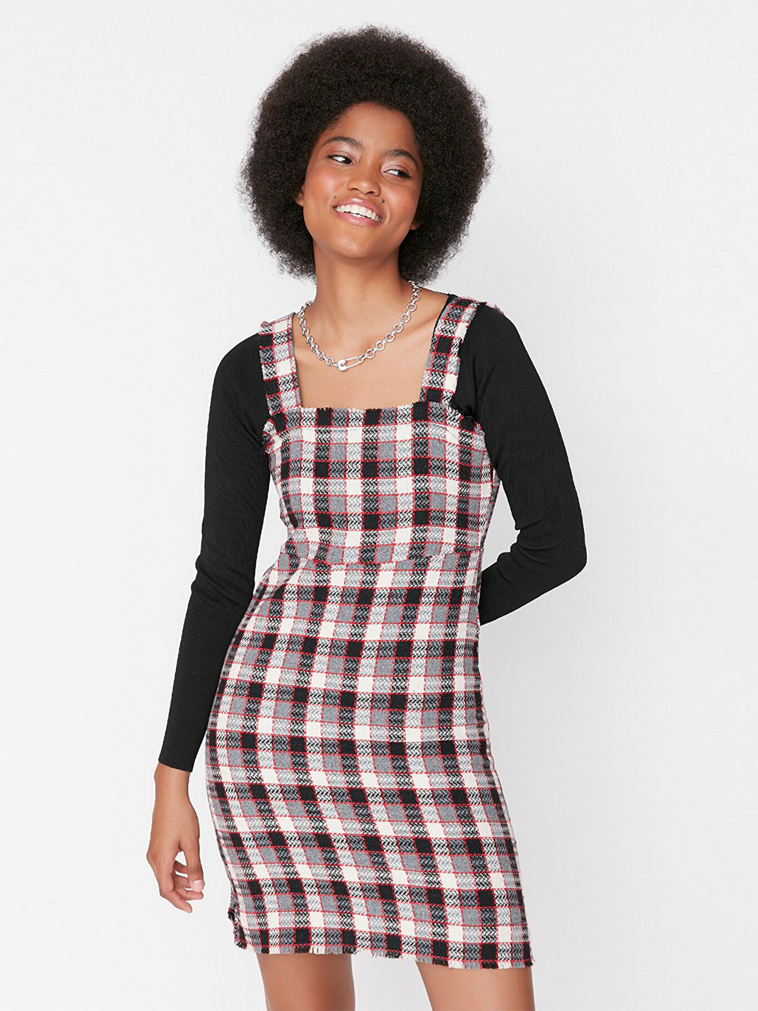Trendyol Black & White Cotton Checked Pinafore Mini Dress