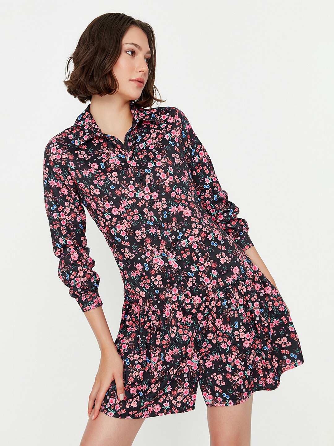 Trendyol Black & Pink Floral Printed Shirt Mini Dress