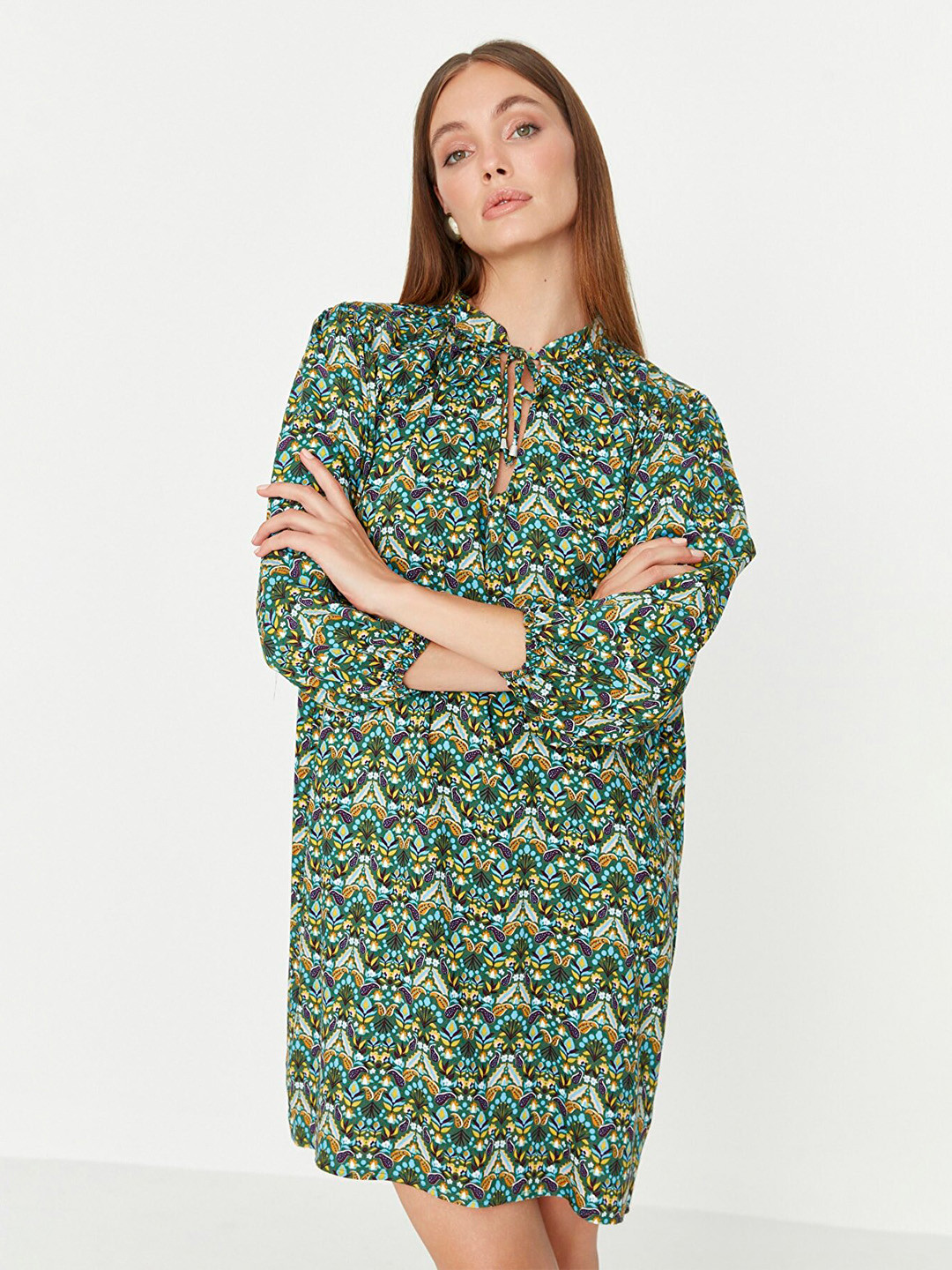 Trendyol Green Printed Tie-Up Neck A-Line Mini Dress
