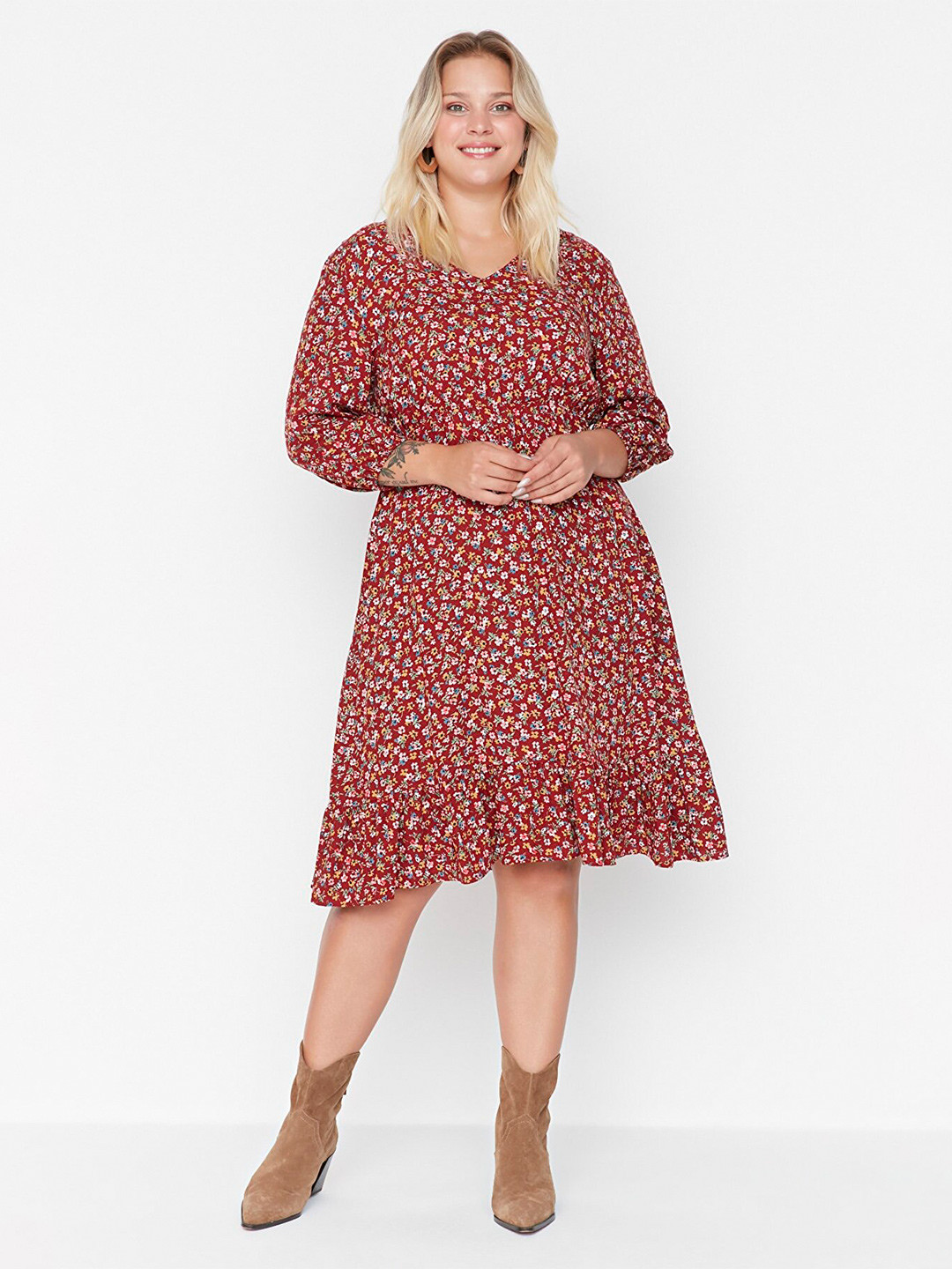 Trendyol Burgundy & Blue Floral Printed A-Line Dress