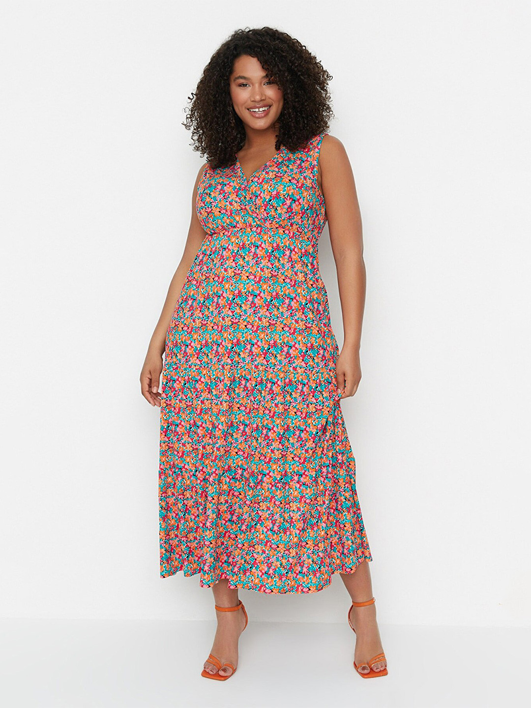 Trendyol Women Plus Size Blue & Pink Floral Printed Wrap Midi Dress