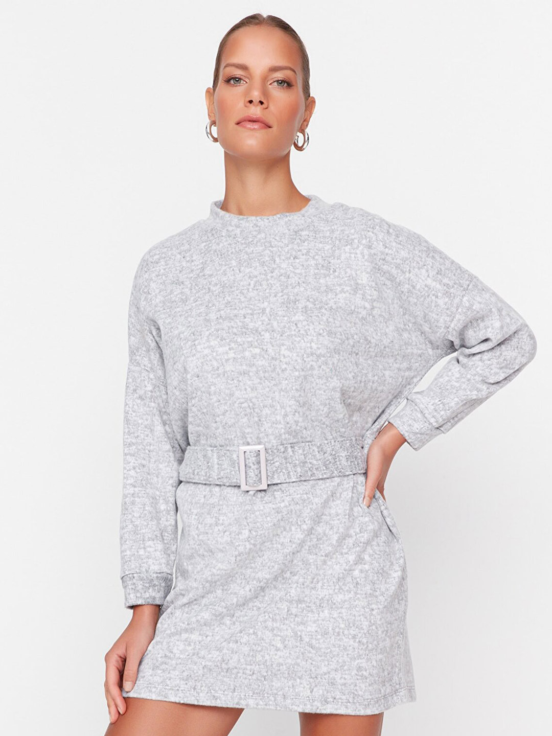 Trendyol Women Grey Solid Round Neck Jumper Dress