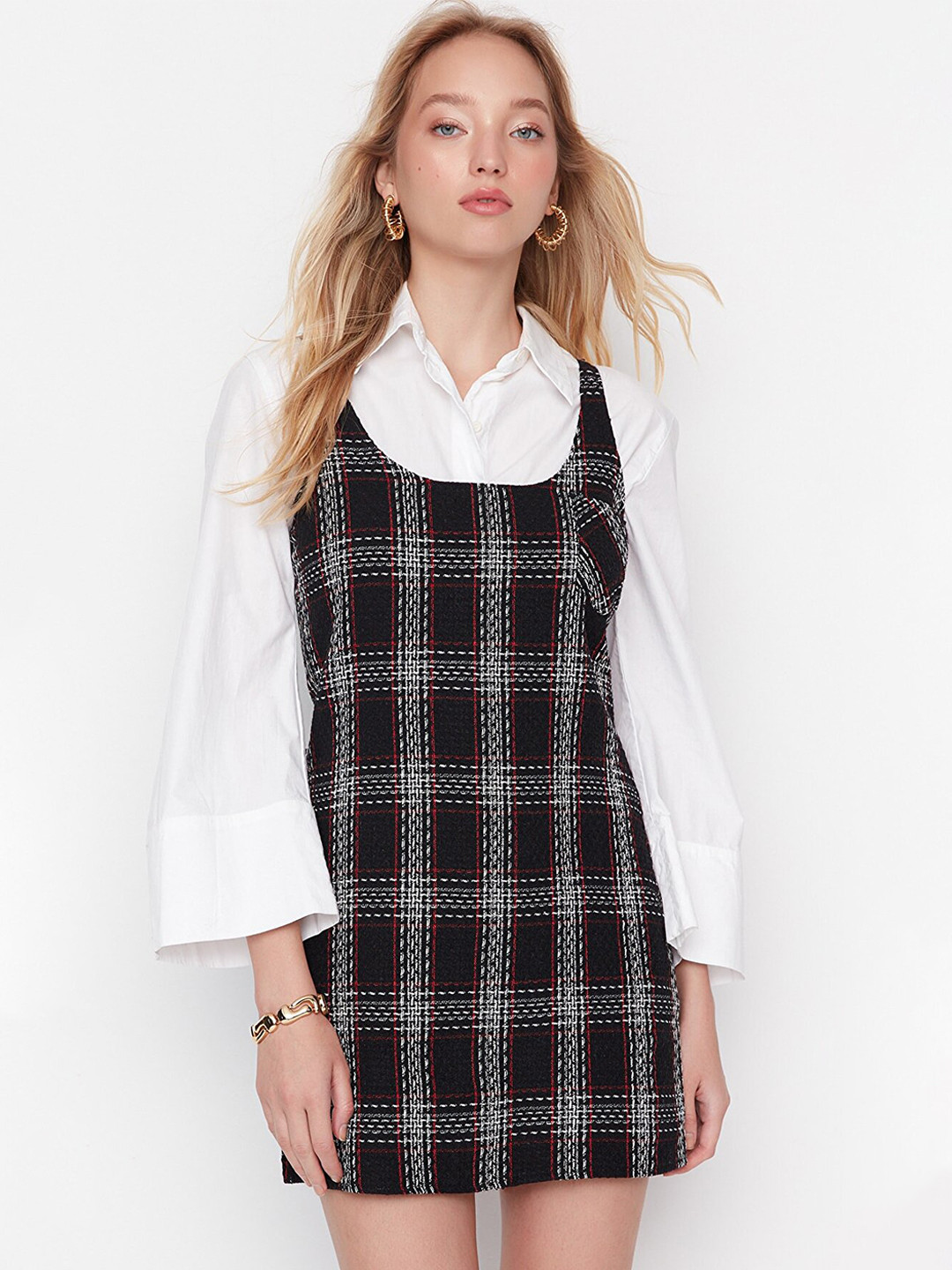 Trendyol Women Black & Red Embroidered Pinafore Mini Dress