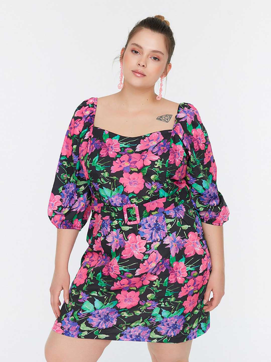 Trendyol Women Plus Size Black Floral Printed Mini Dress