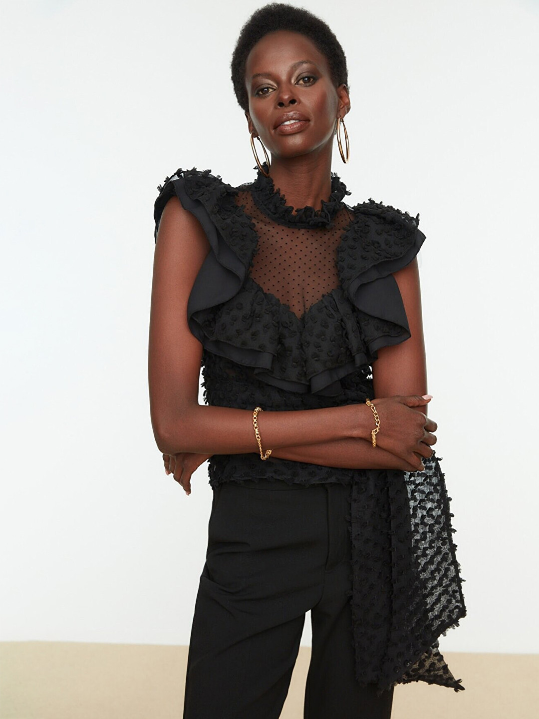 Trendyol Black Round Neck Ruffles Top