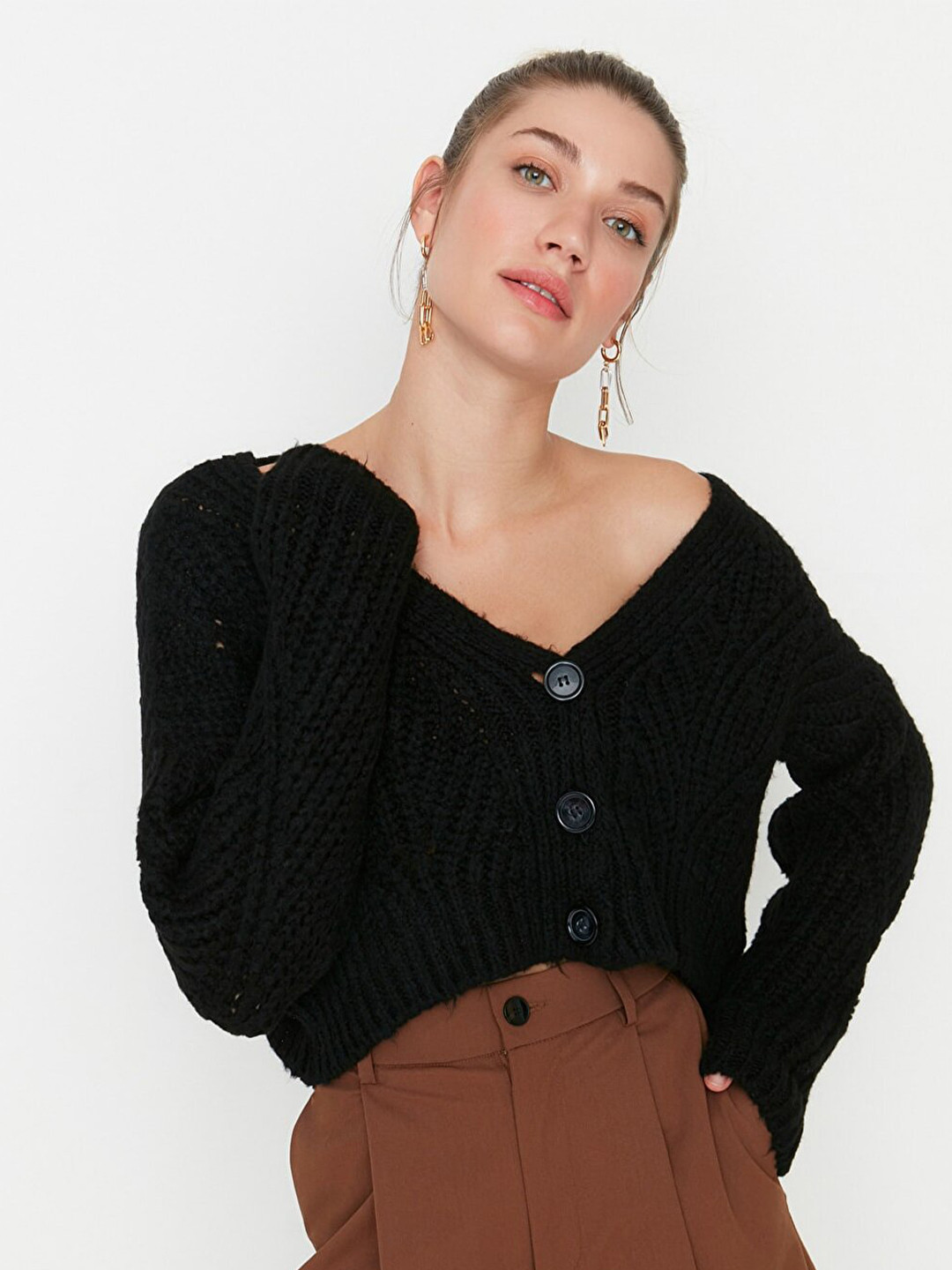 Trendyol Women Black Self-Striped Crop Cardigan