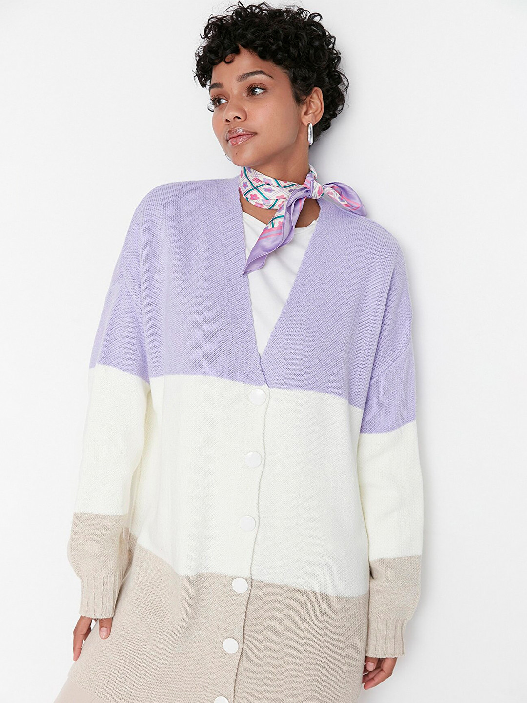 Trendyol Women Beige & Purple Colourblocked Longline Cardigan