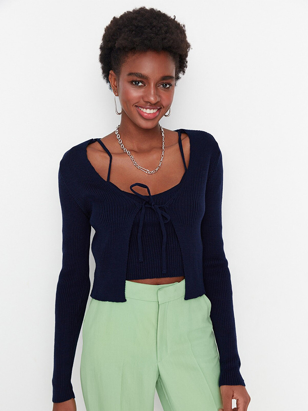 Trendyol Women Navy Blue Open Front Crop Sweater