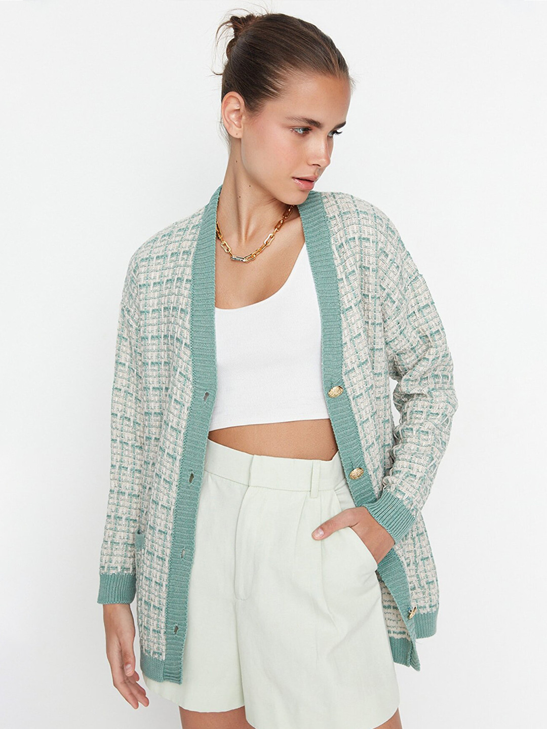 Trendyol Women Green & Grey Checked Checked Longline Cardigan