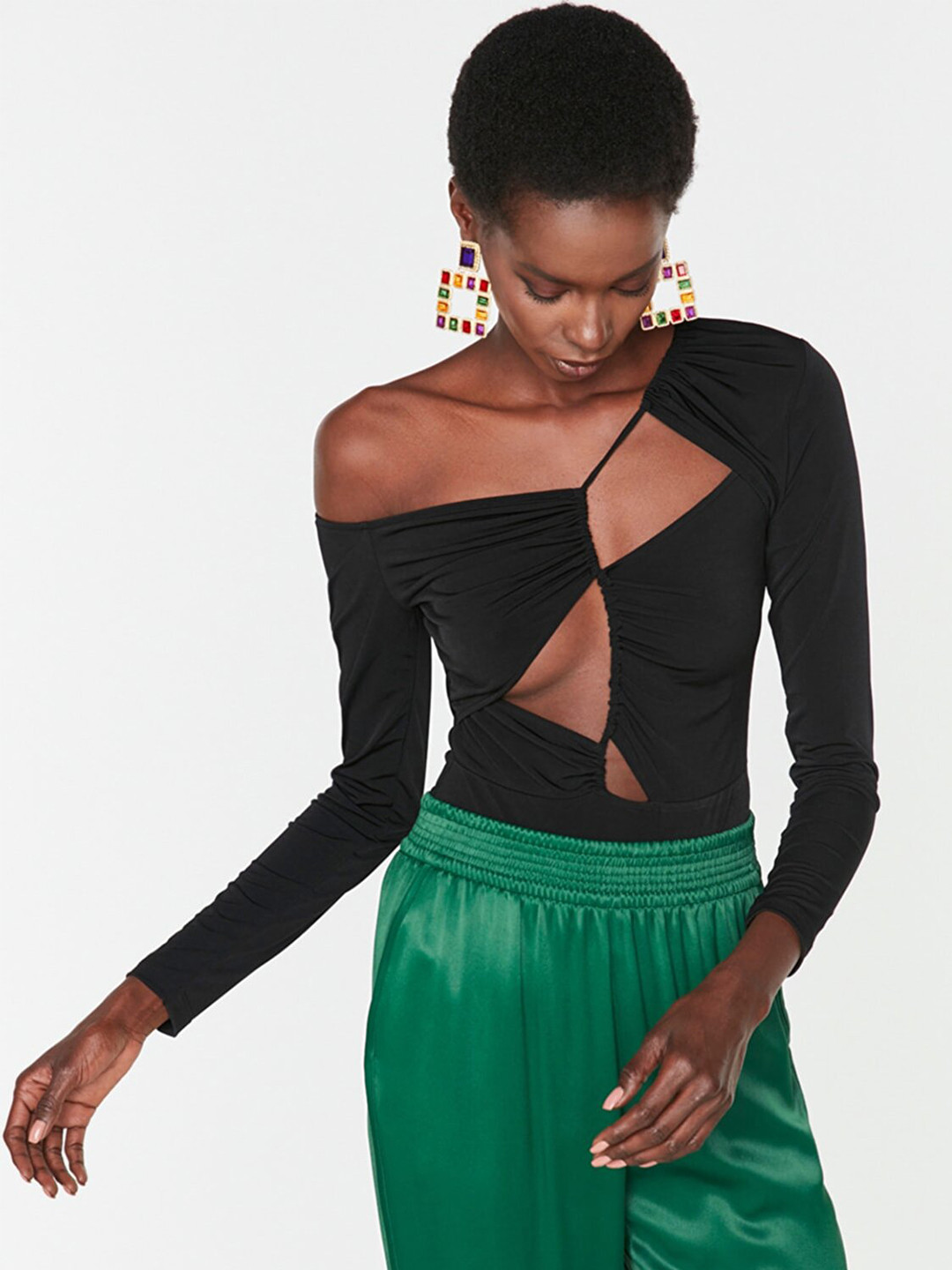 Trendyol Women Black Solid Cut Out One Shoulder Top