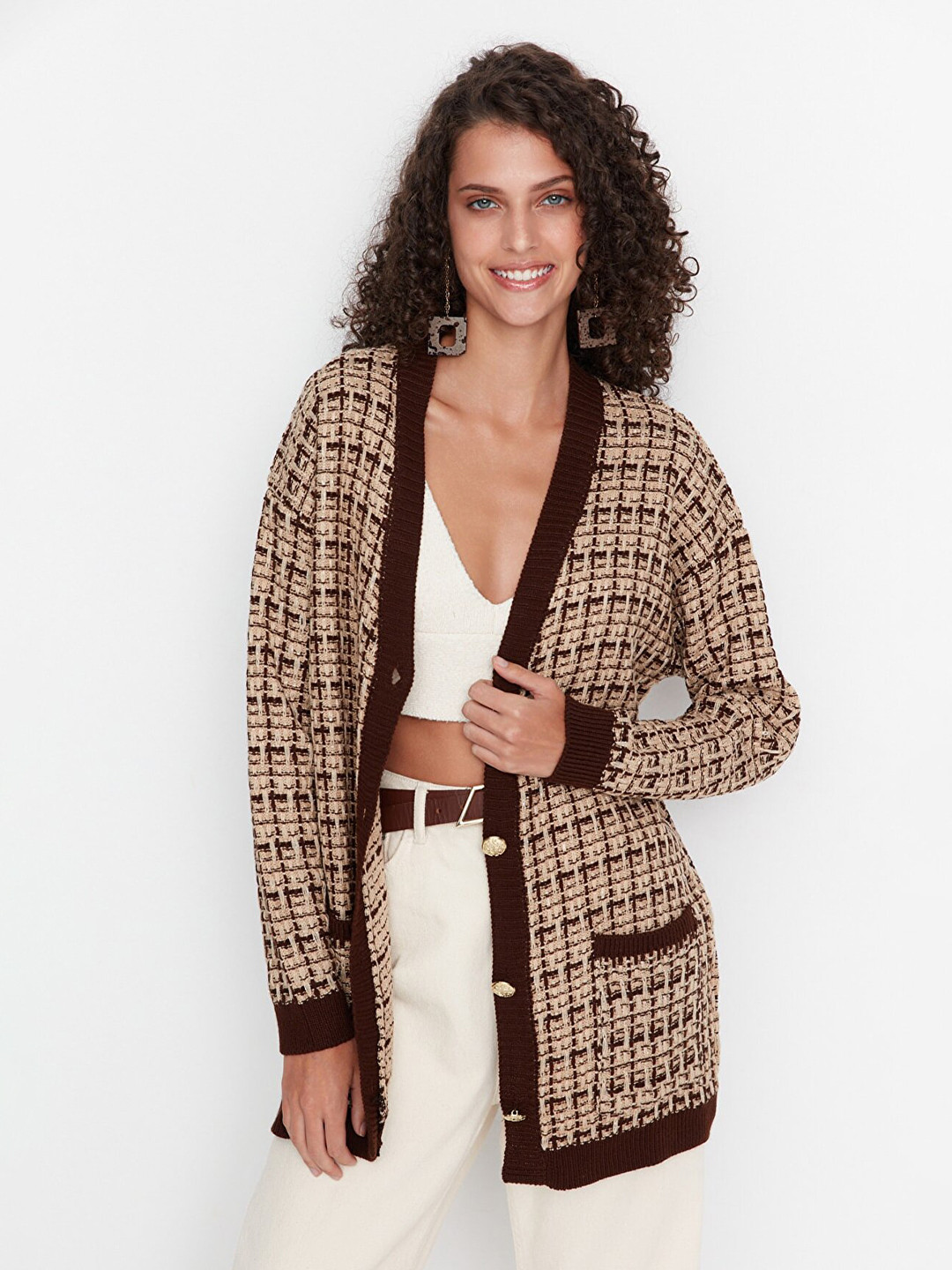 Trendyol Women Brown & Beige Printed Acrylic Longline Cardigan