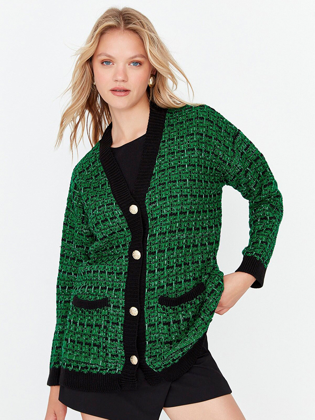 Trendyol Women Green & Black Checked Cardigan