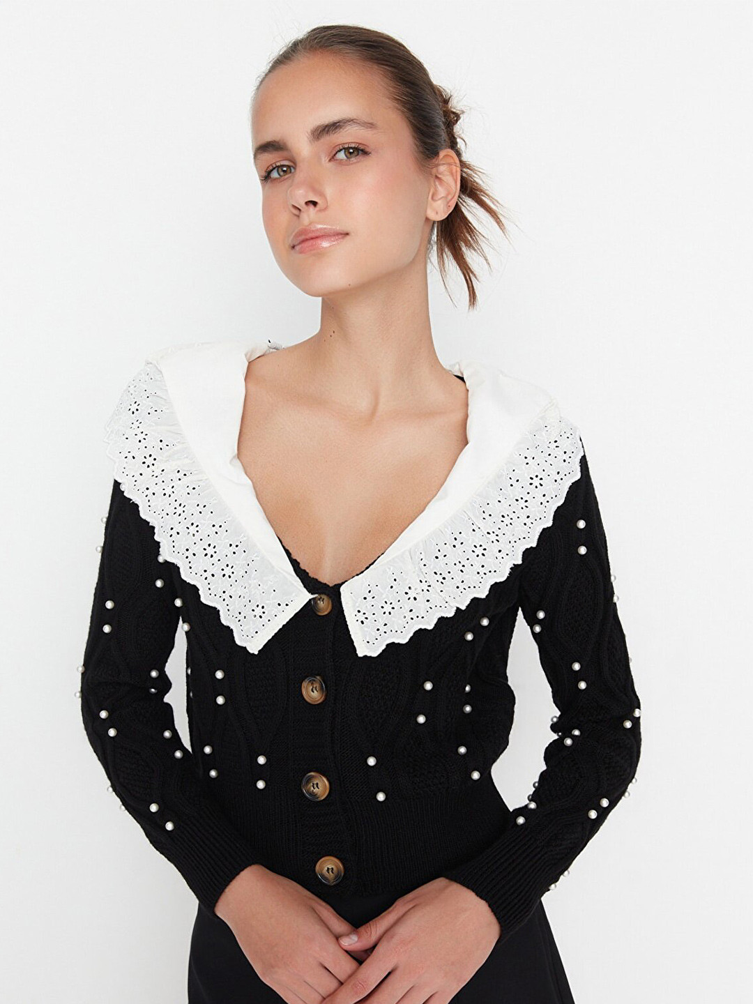 Trendyol Women Black Cardigan with Embellished Detail