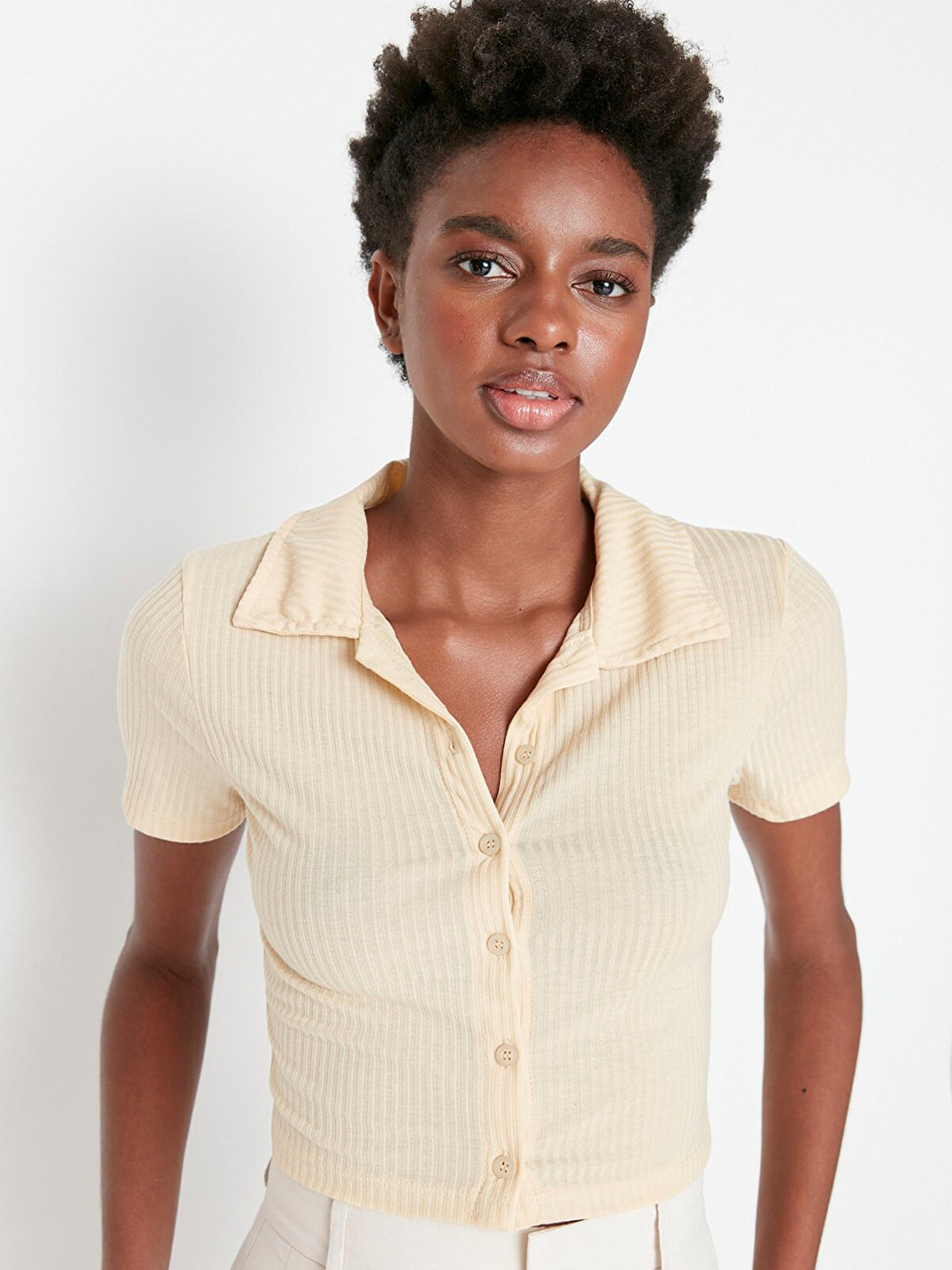 Trendyol Beige Shirt Style Crop Top