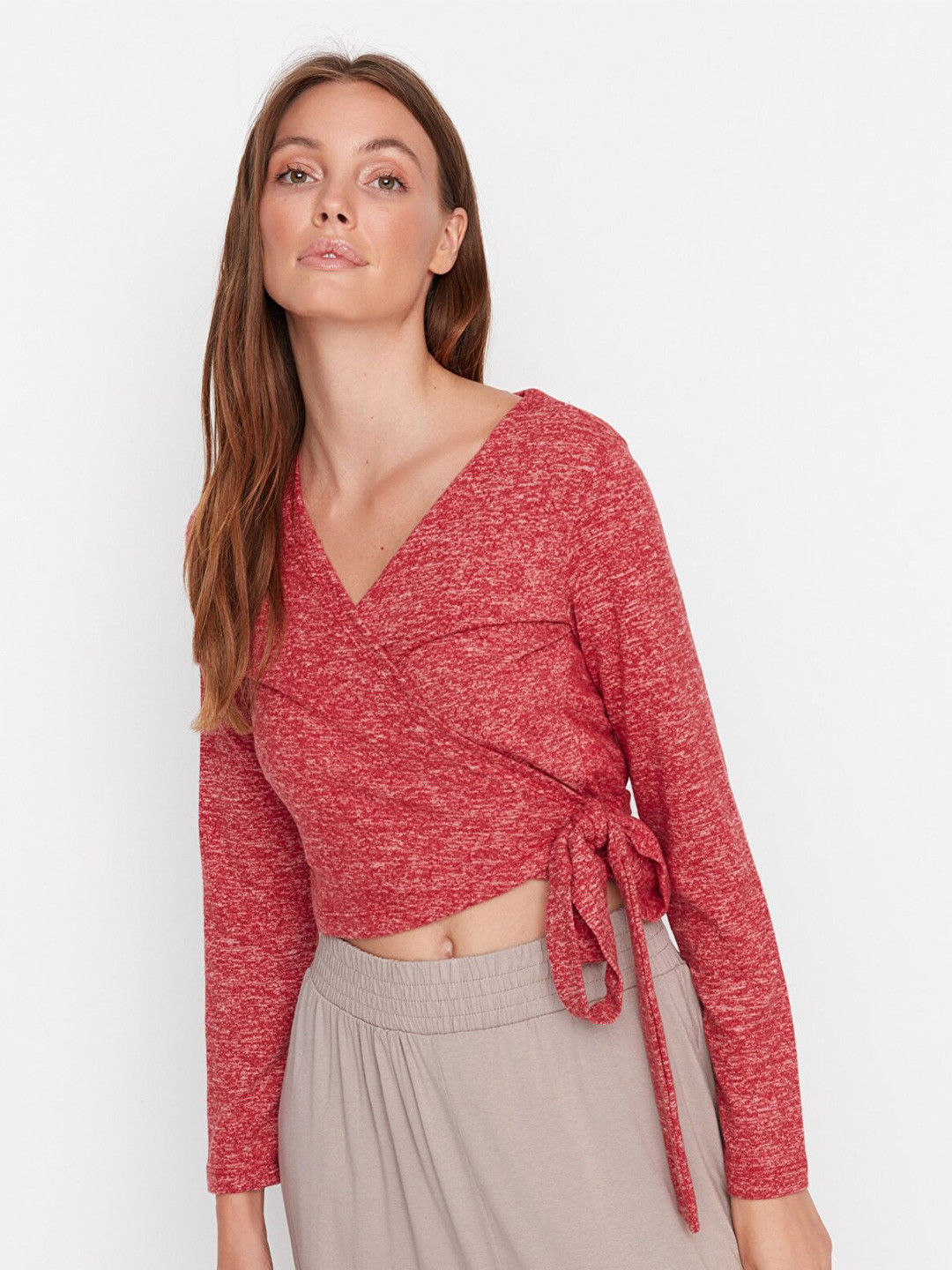 Trendyol Burgundy Print Wrap Crop Top