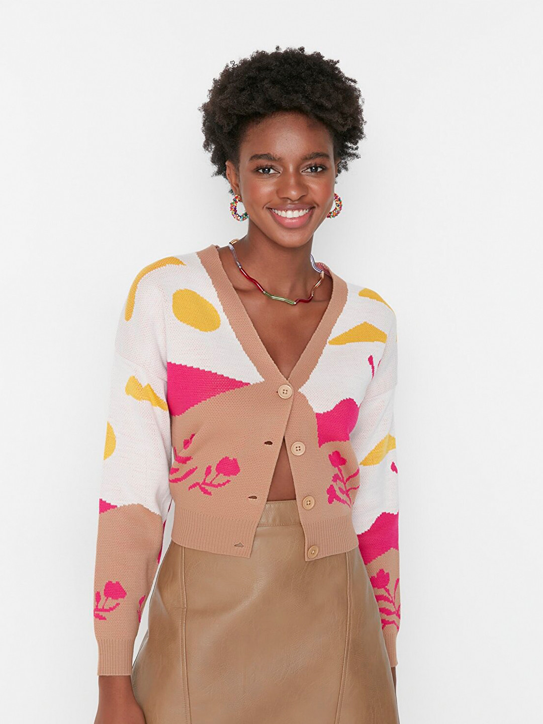 Trendyol Women Camel Brown & White Printed Crop Cardigan