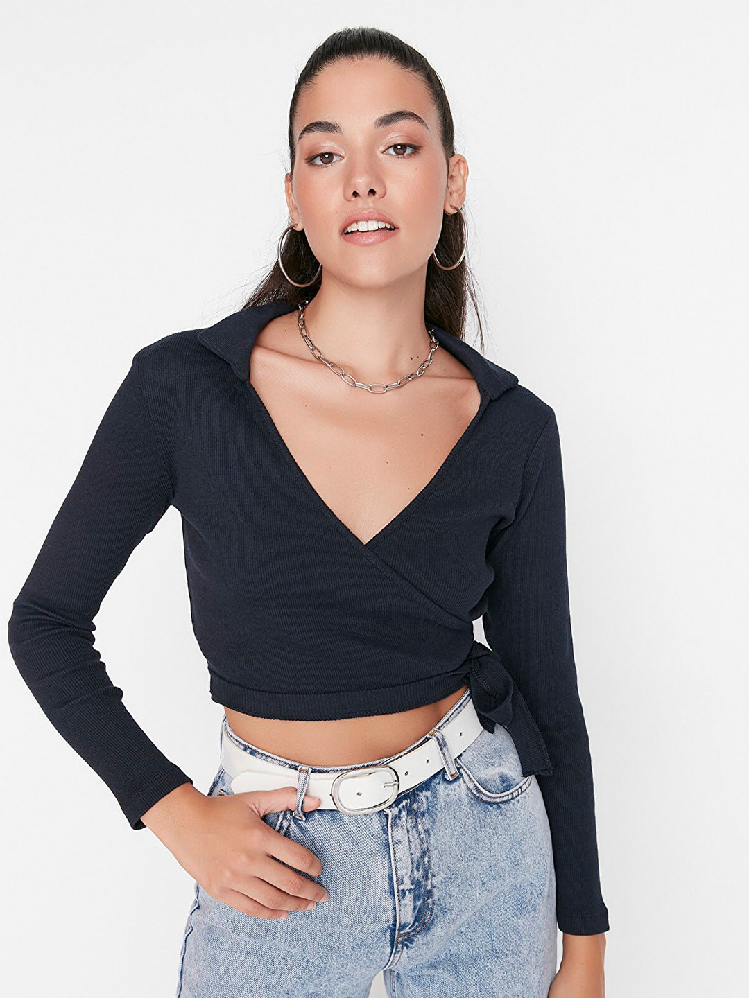Trendyol Navy Blue Wrap Crop Top