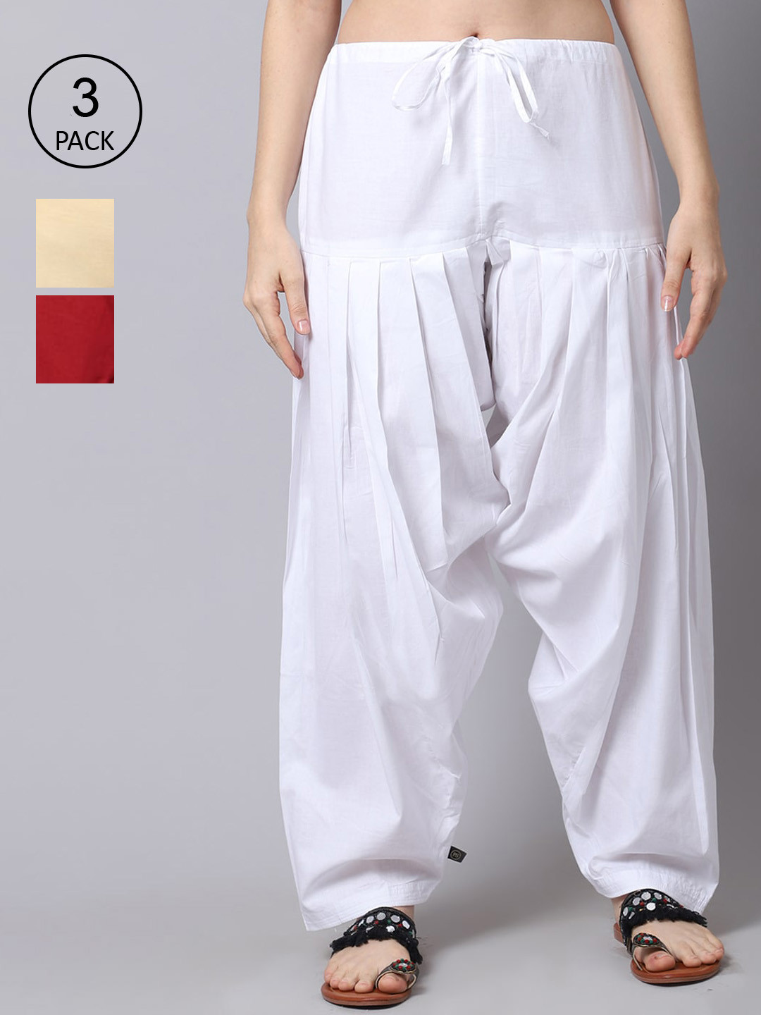 Pistaa Women Pack Of 3 Marron White & Beige Solid Pure Cotton Patialas