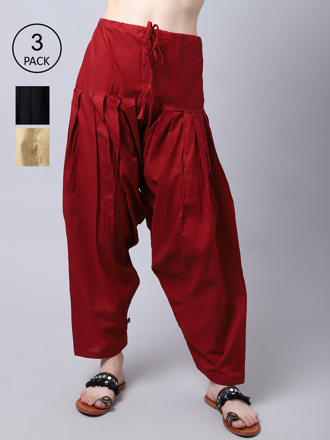 Pistaa Women Pack Of 3 Black Beige & Maroon Solid Pure Cotton Loose-Fit Patiala