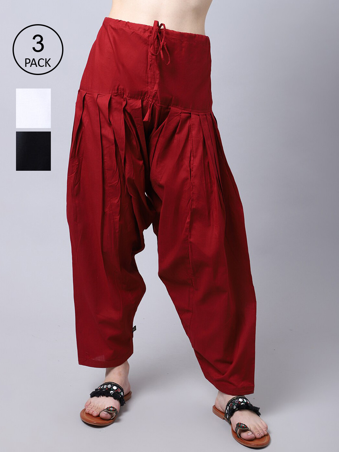 Pistaa Women Pack Of 3 White, Black & Maroon Solid Loose Fit Cotton Patiala Salwar