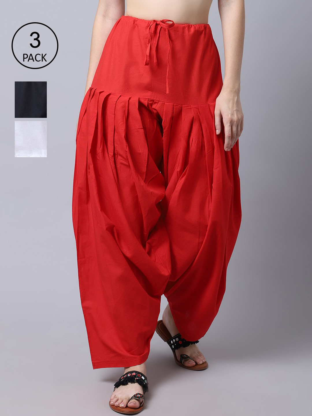 Pistaa Women Pack Of 3 Black Red & White Solid Pure Cotton Loose-Fit Patiala