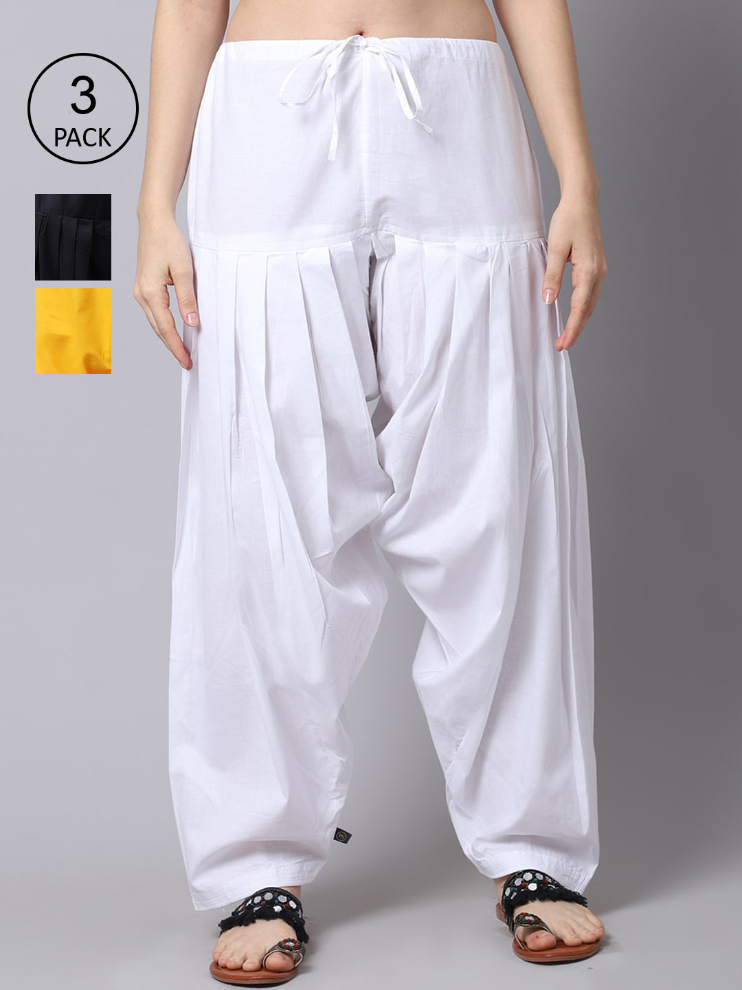 Pistaa Women Pack Of 3 Black & White Solid Pure Cotton Loose-Fit Patiala