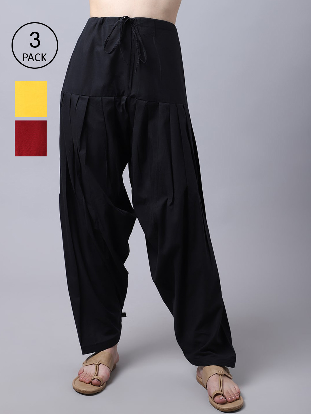 Pistaa Women Pack Of 3 Black & Maroon Solid Pure Cotton Loose-Fit Patiala
